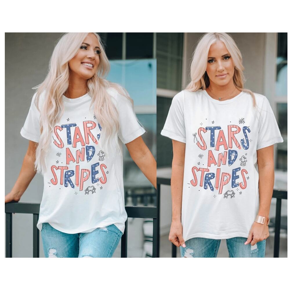 White STARS AND STRIPES Crew Neck Patriotic Tee - Picture 3 of 5